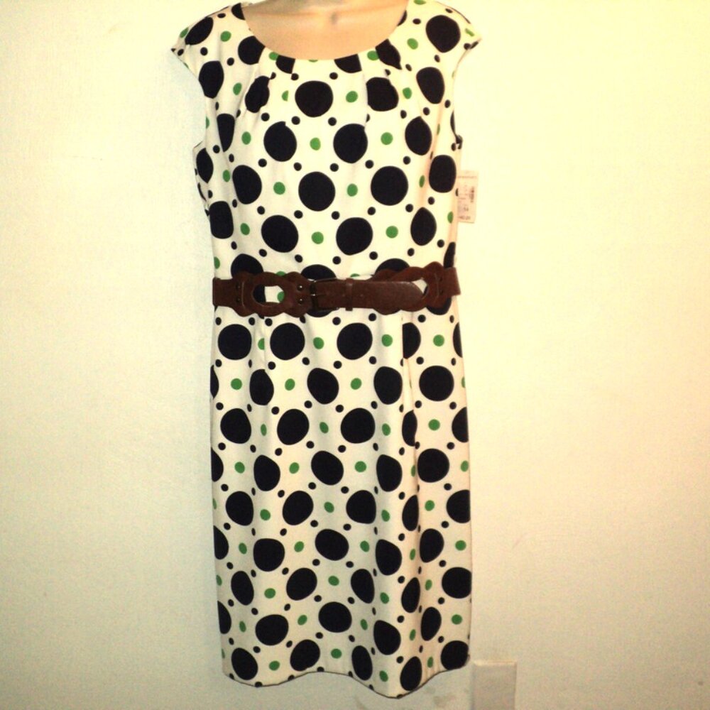 Dress Barn Women's Size 14 Dress Polka Dots Sleeveless Belted, Below Knee, White